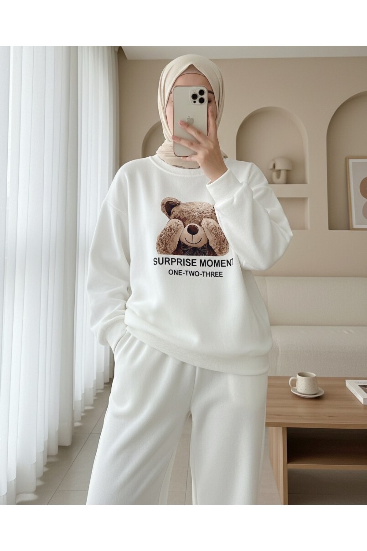 Ayıcık Baskılı Şardonlu 3 İplik Sweat Takım  -Beyaz