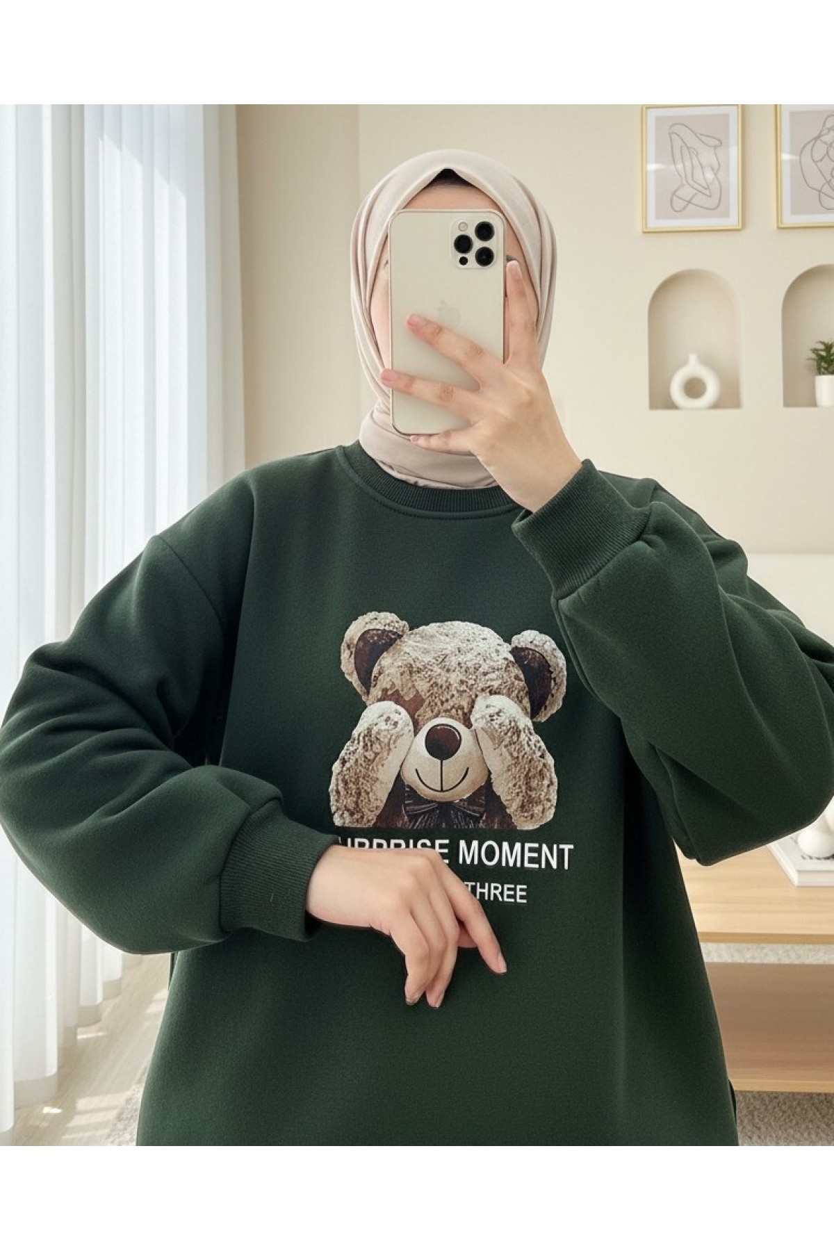 Ayıcık Baskılı Şardonlu 3 İplik Sweat Takım  -Haki