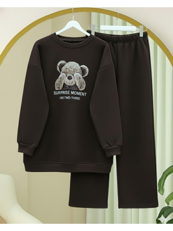 Ayıcık Baskılı Şardonlu 3 İplik Sweat Takım  -K. Kahve