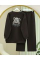 Ayıcık Baskılı Şardonlu 3 İplik Sweat Takım  -K. Kahve