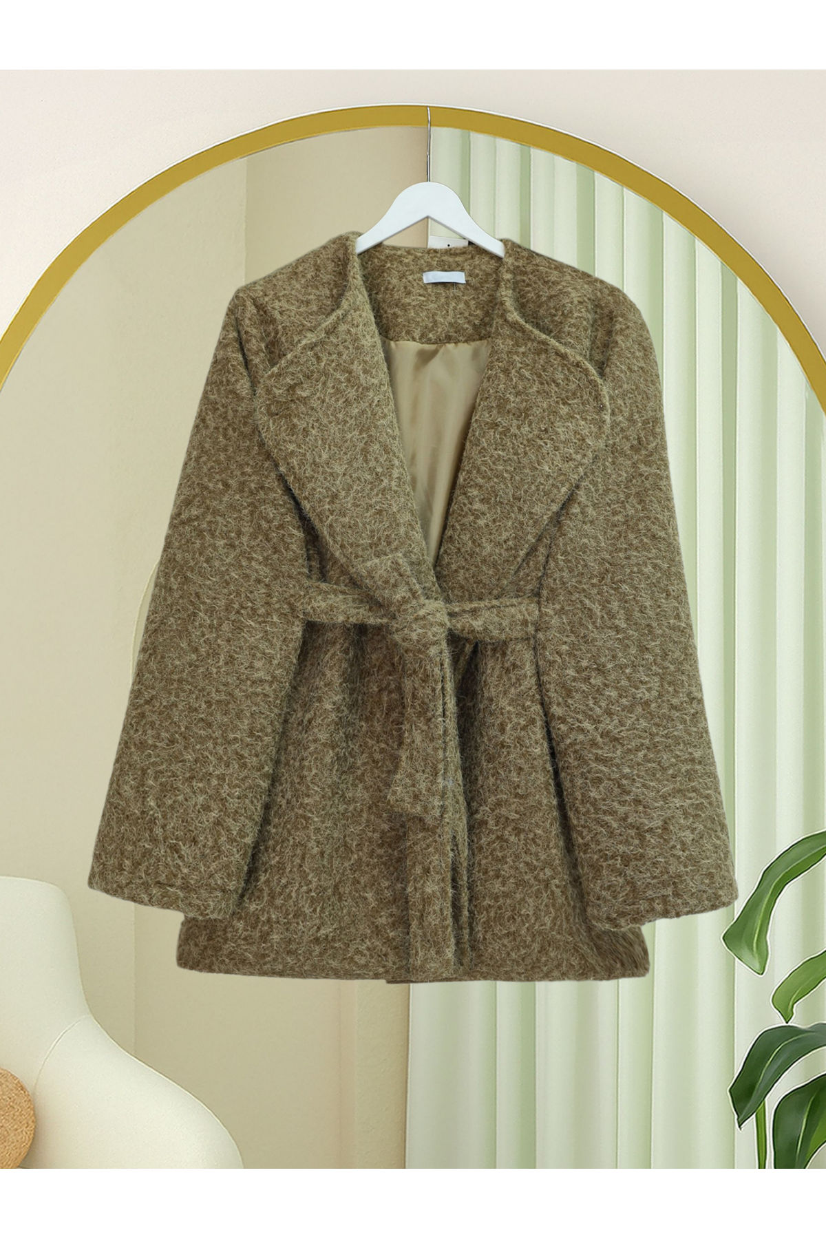 İçi Astarlı Tek Düğmeli Kemerli Sakallı Kap -Karamel