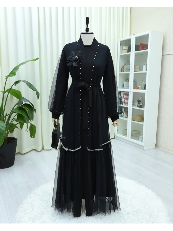 Yakası Gül Detaylı İncili Eteği Şeritli  İkili Abaya  Takım  -Siyah
