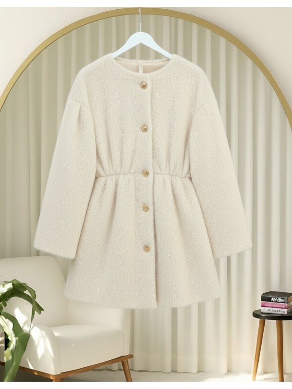 İçi Astarlı Beli Büzgülü Kürklü Ceket  -Krem