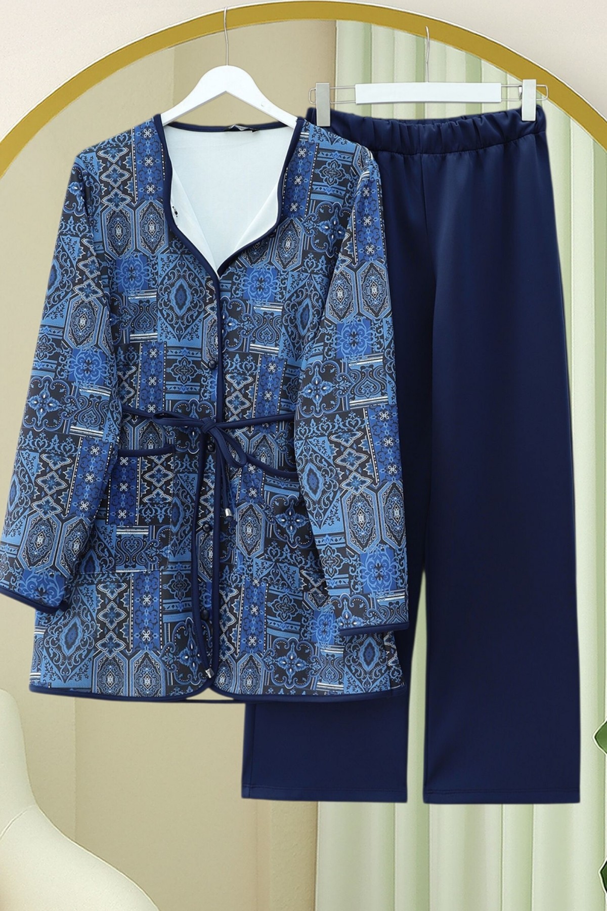 Beli Bağlamalı Çift Cepli Desenli Scuba Takım -Laci