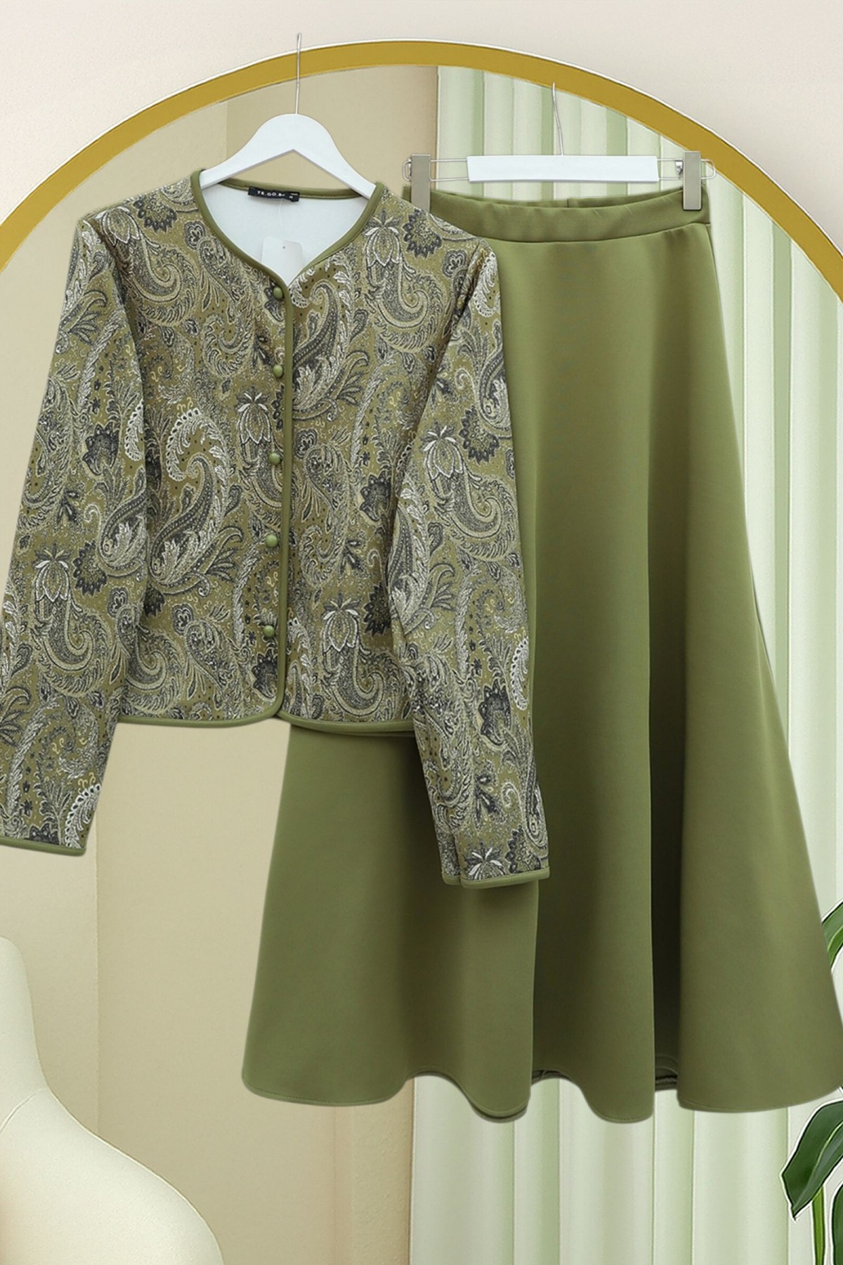 Etnik Desenli Top Düğmeli Scuba Takım   -Zeytin