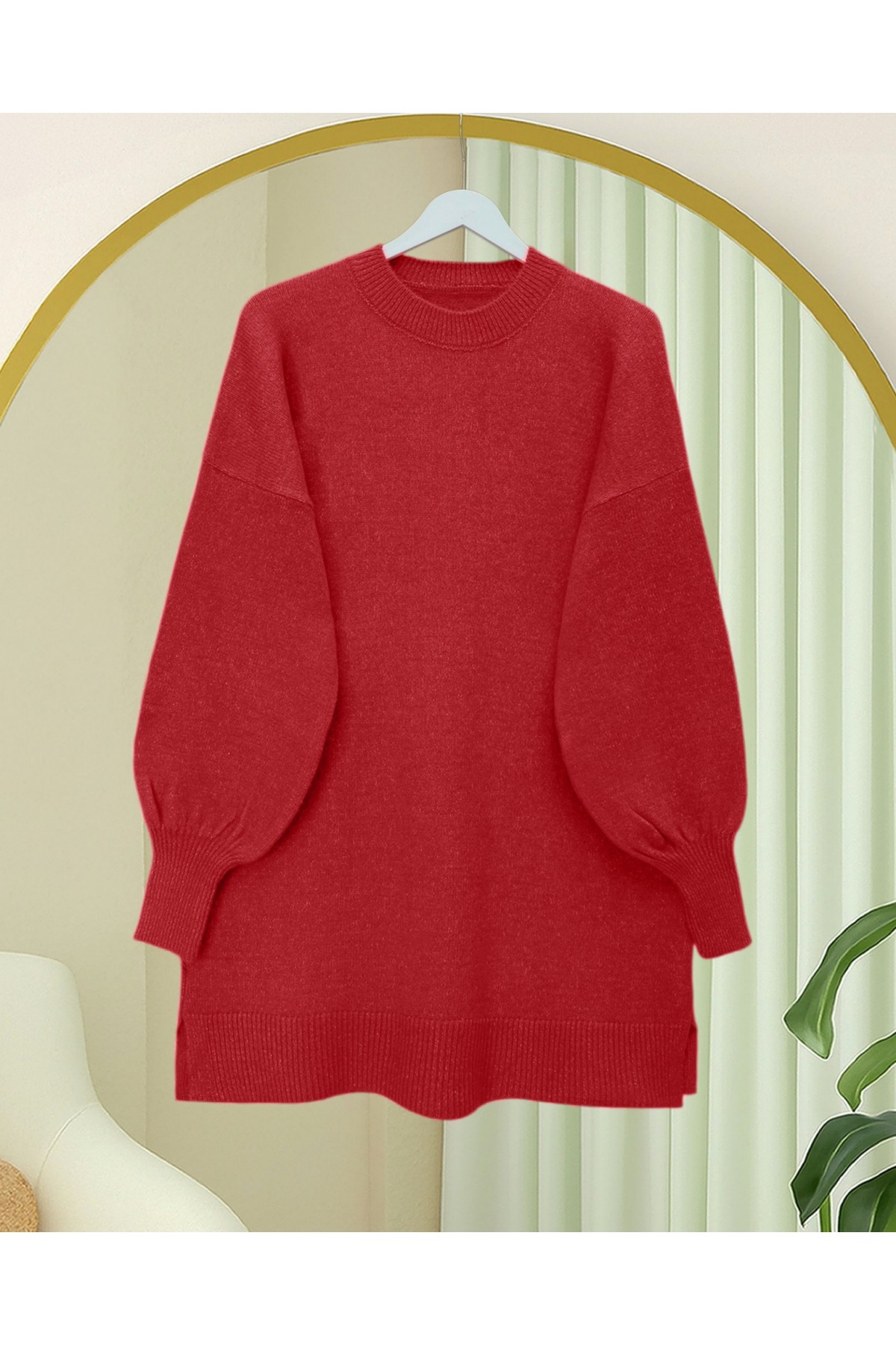 Yuvarlak Yaka Balon Kol Salaş Triko Kazak   -Nar Çiçeği