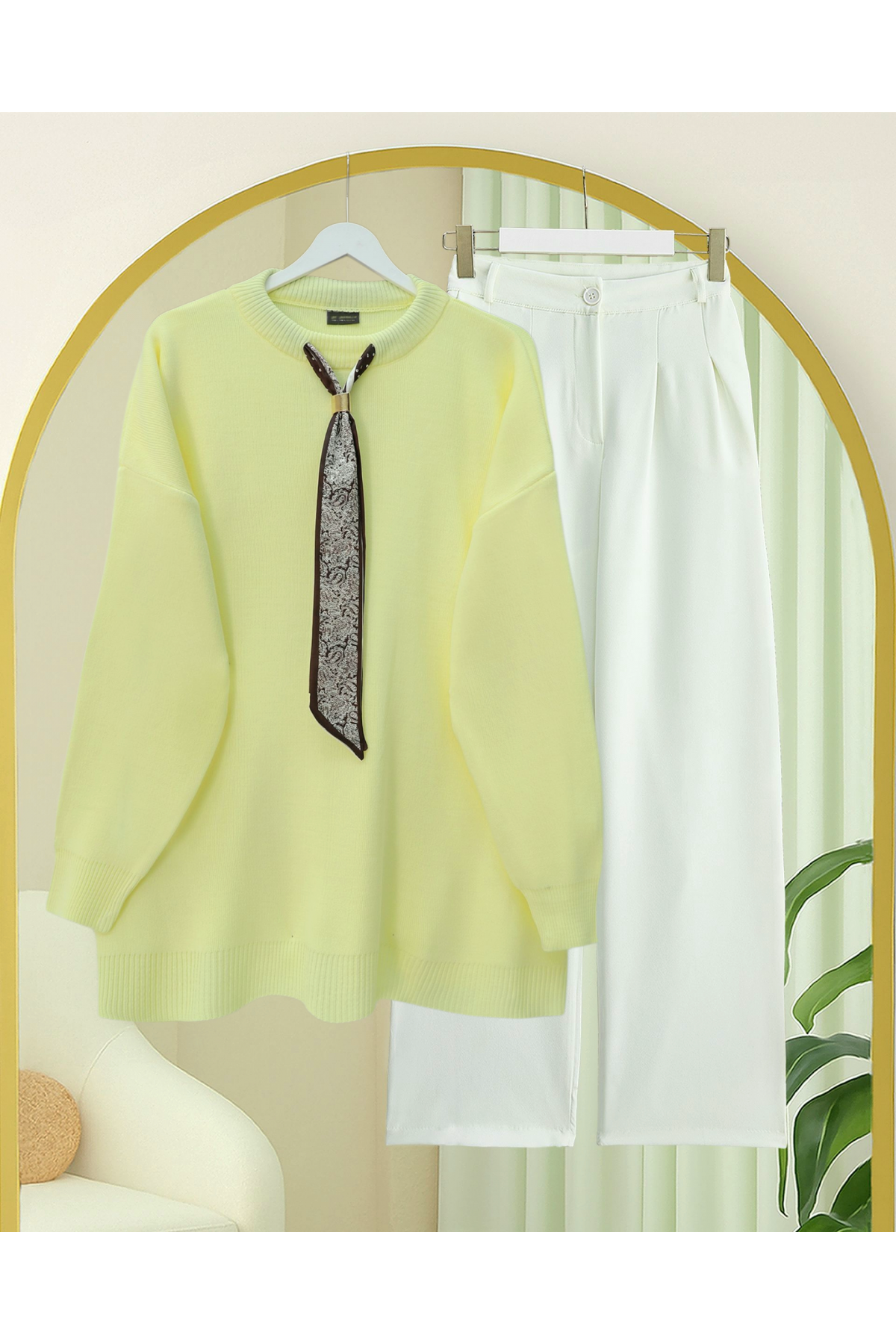 Yuvarlak Yaka Fularlı Salaş Triko Tunik -Açık Sarı