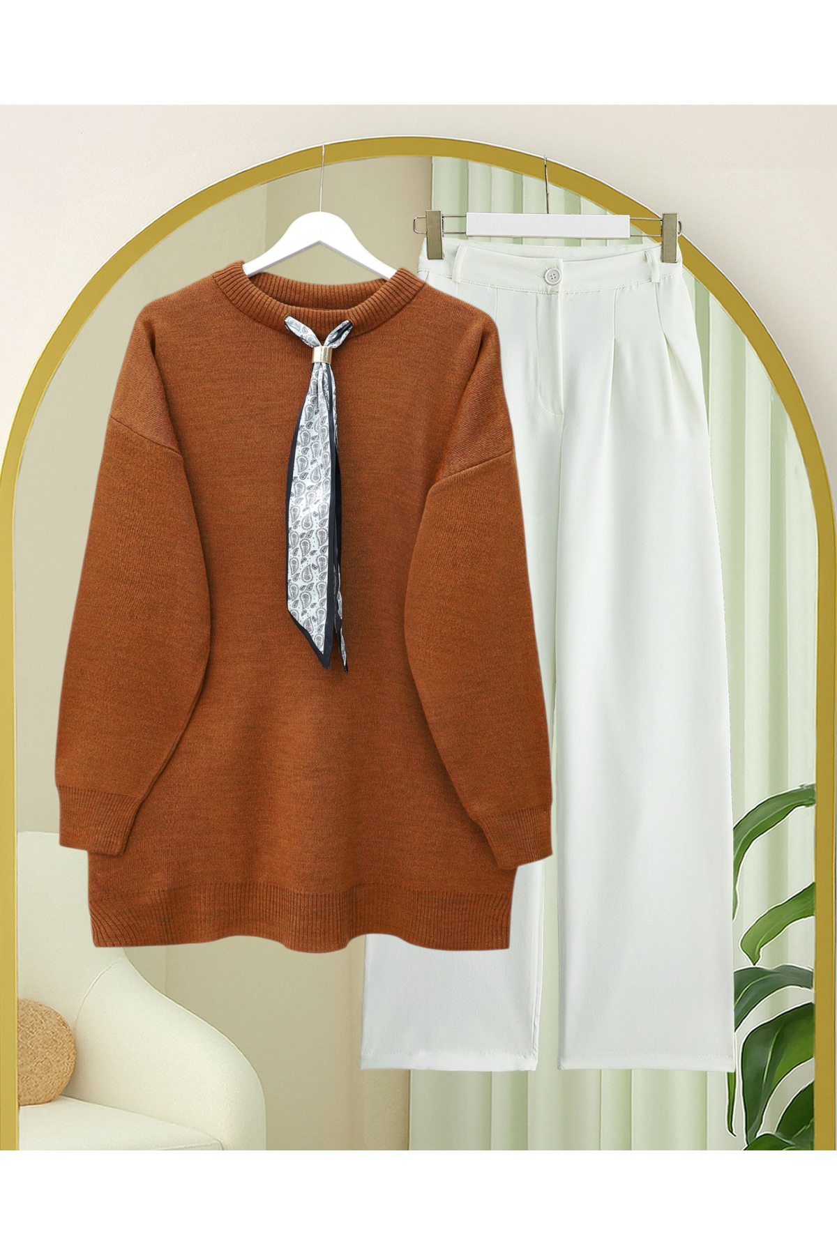 Yuvarlak Yaka Fularlı Salaş Triko Tunik -Kiremit