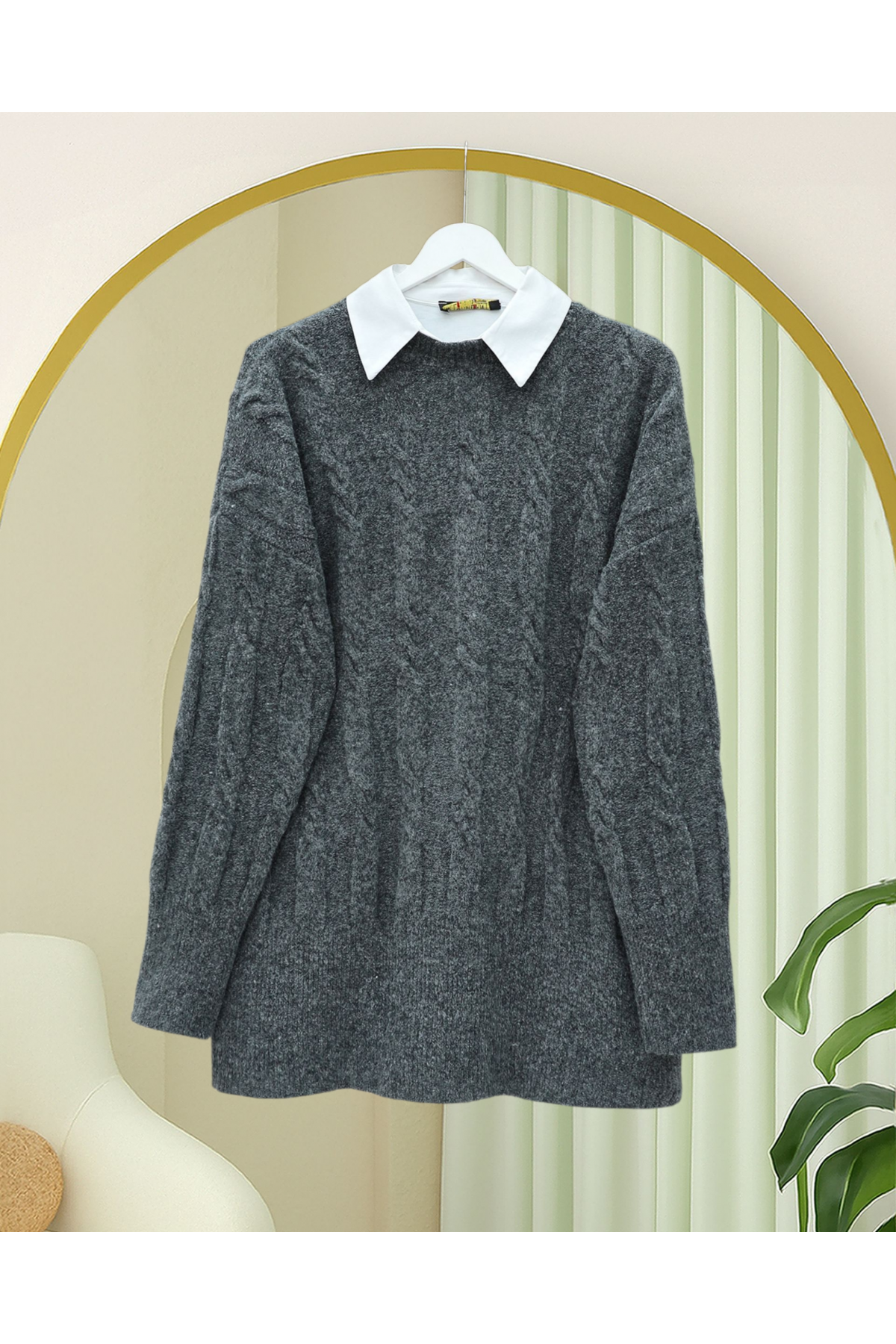 Kabartma Desenli Yumoş Triko Kazak   -Füme