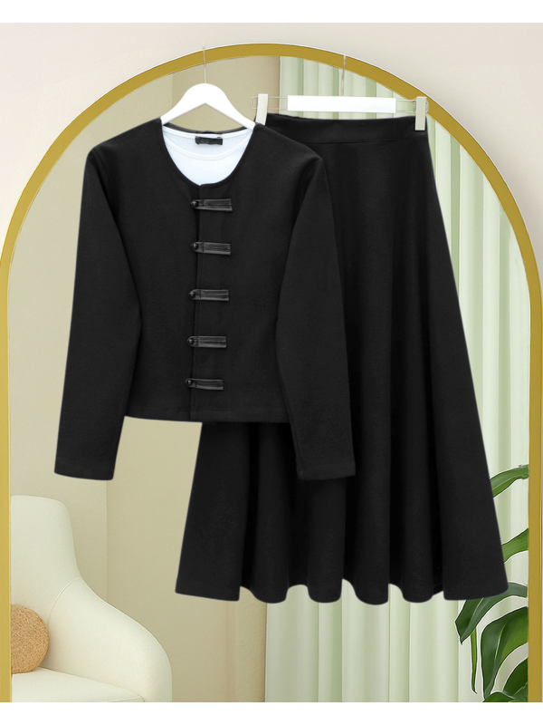 Deri Detaylı Önü Düğmeli Etekli Selanik Takım -Siyah