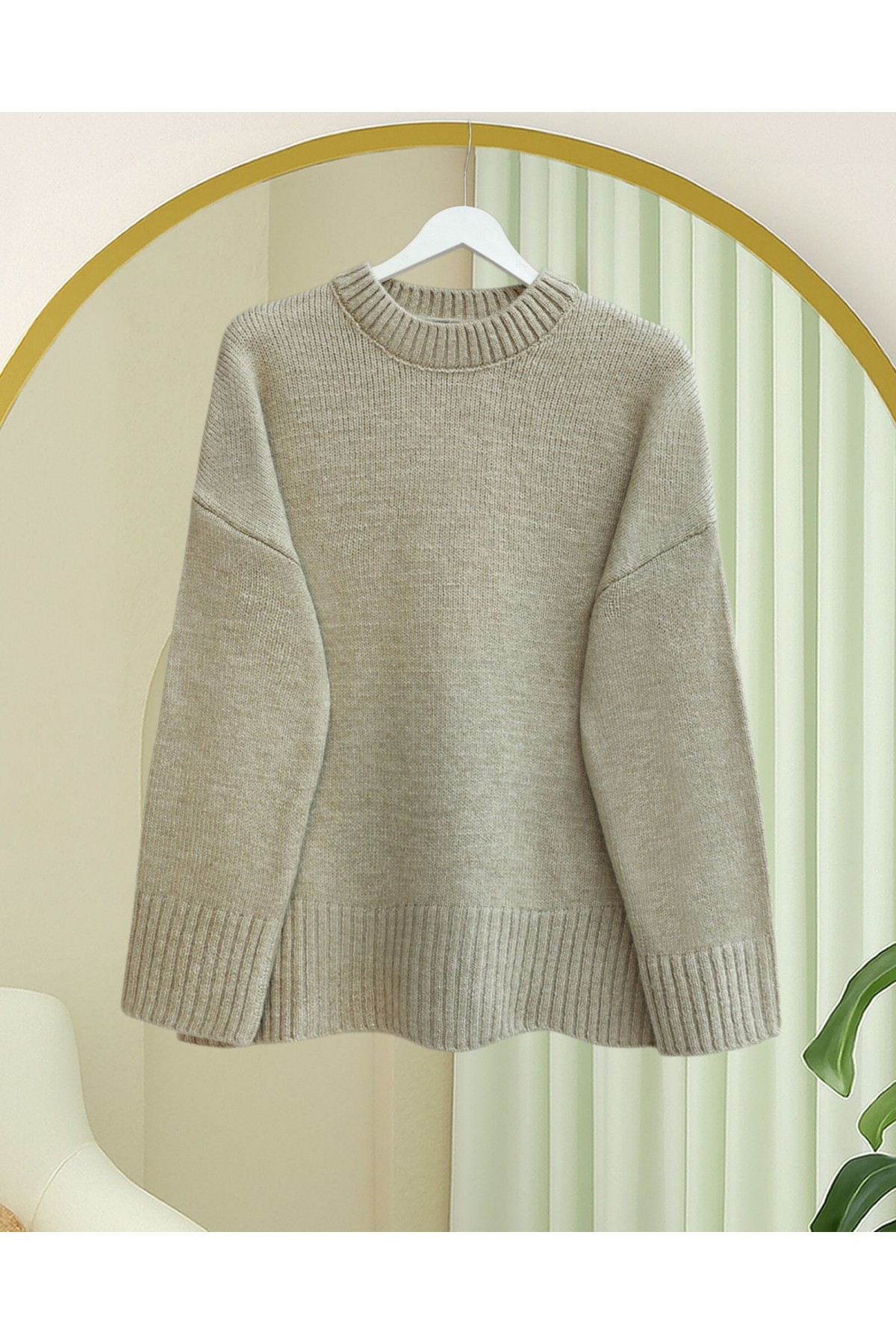 Bisiklet Yaka Eteği Fitilli Salaş Triko Kazak            -Bej