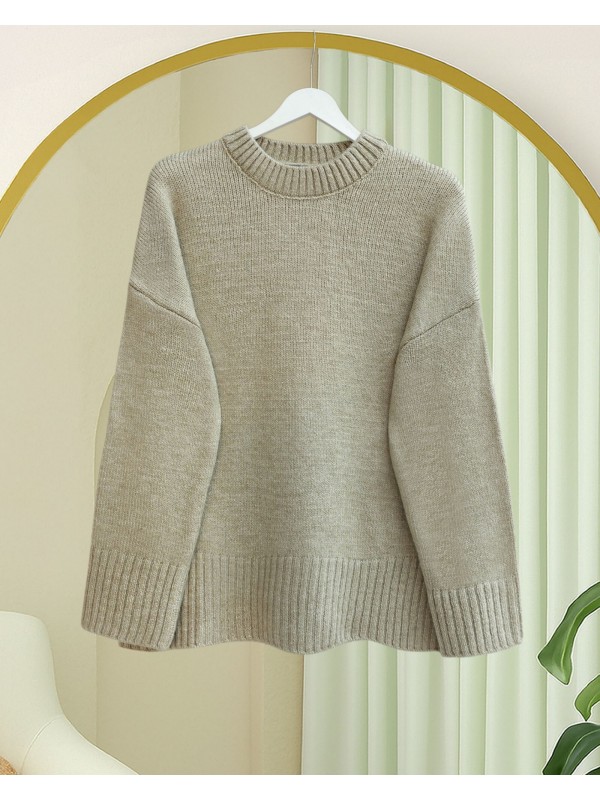 Bisiklet Yaka Eteği Fitilli Salaş Triko Kazak            -Bej