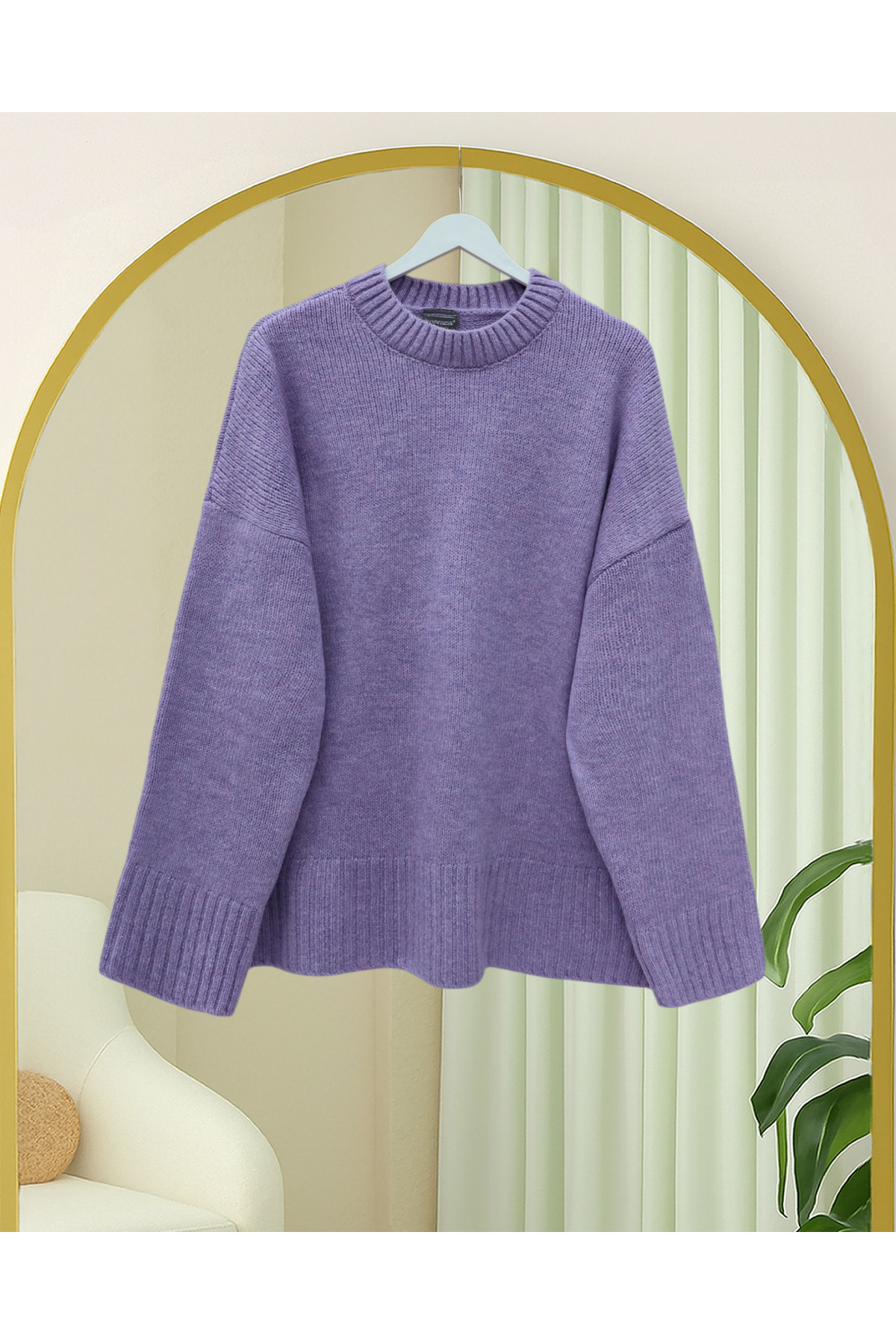 Bisiklet Yaka Eteği Fitilli Salaş Triko Kazak            -Lila