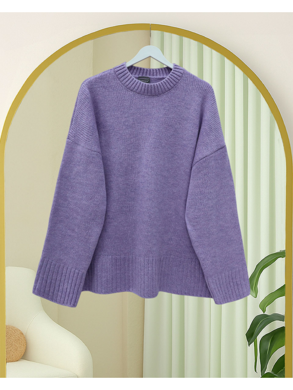 Bisiklet Yaka Eteği Fitilli Salaş Triko Kazak            -Lila