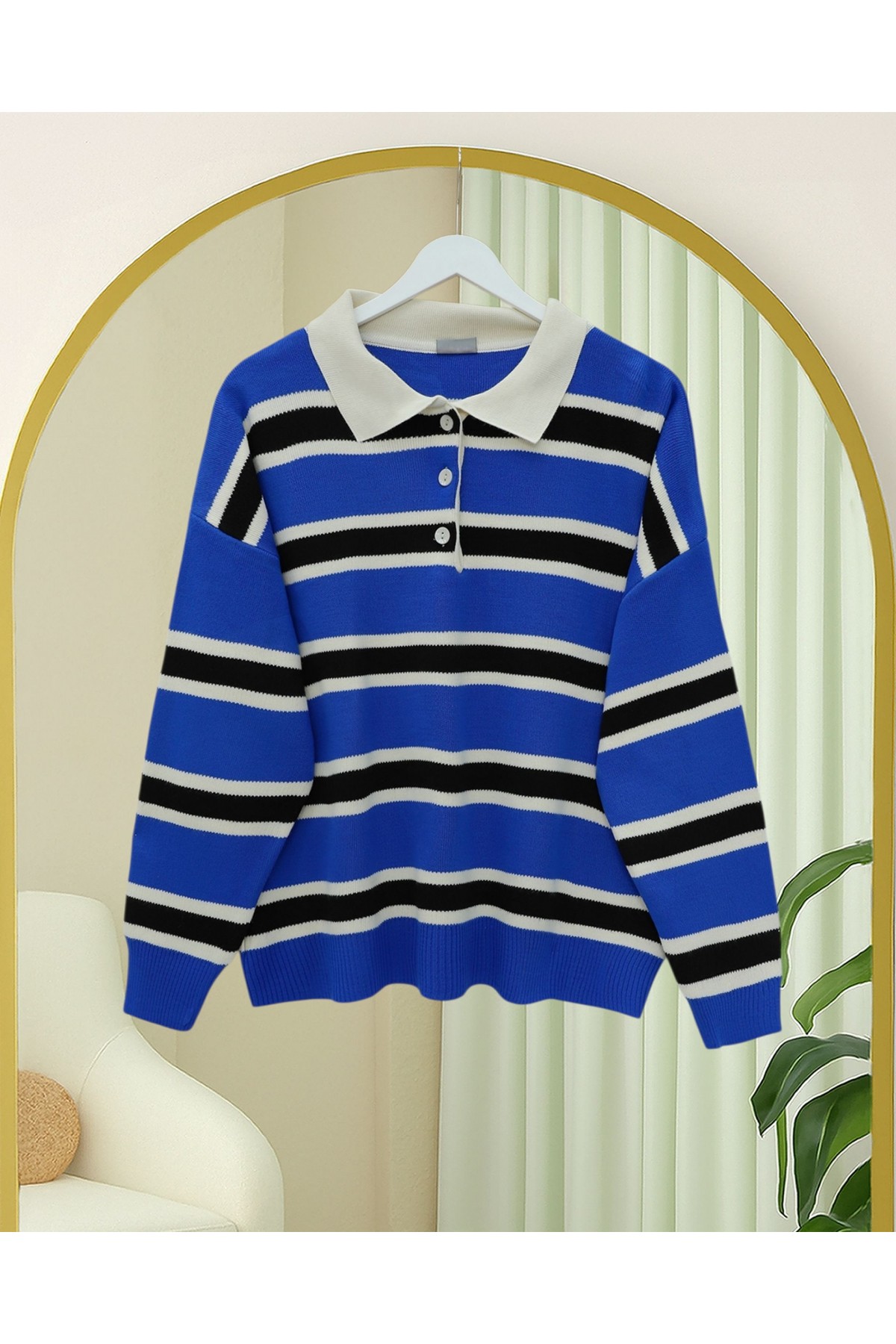 Polo Yaka Düğmeli Renkli Çizgili Triko Kazak  -Saks