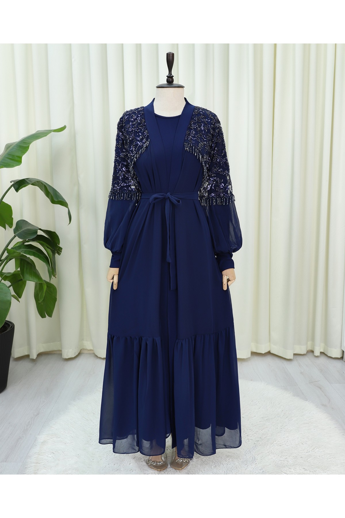 Kesme Boncuklu Kemerli İkili Abaya Takım -Laci