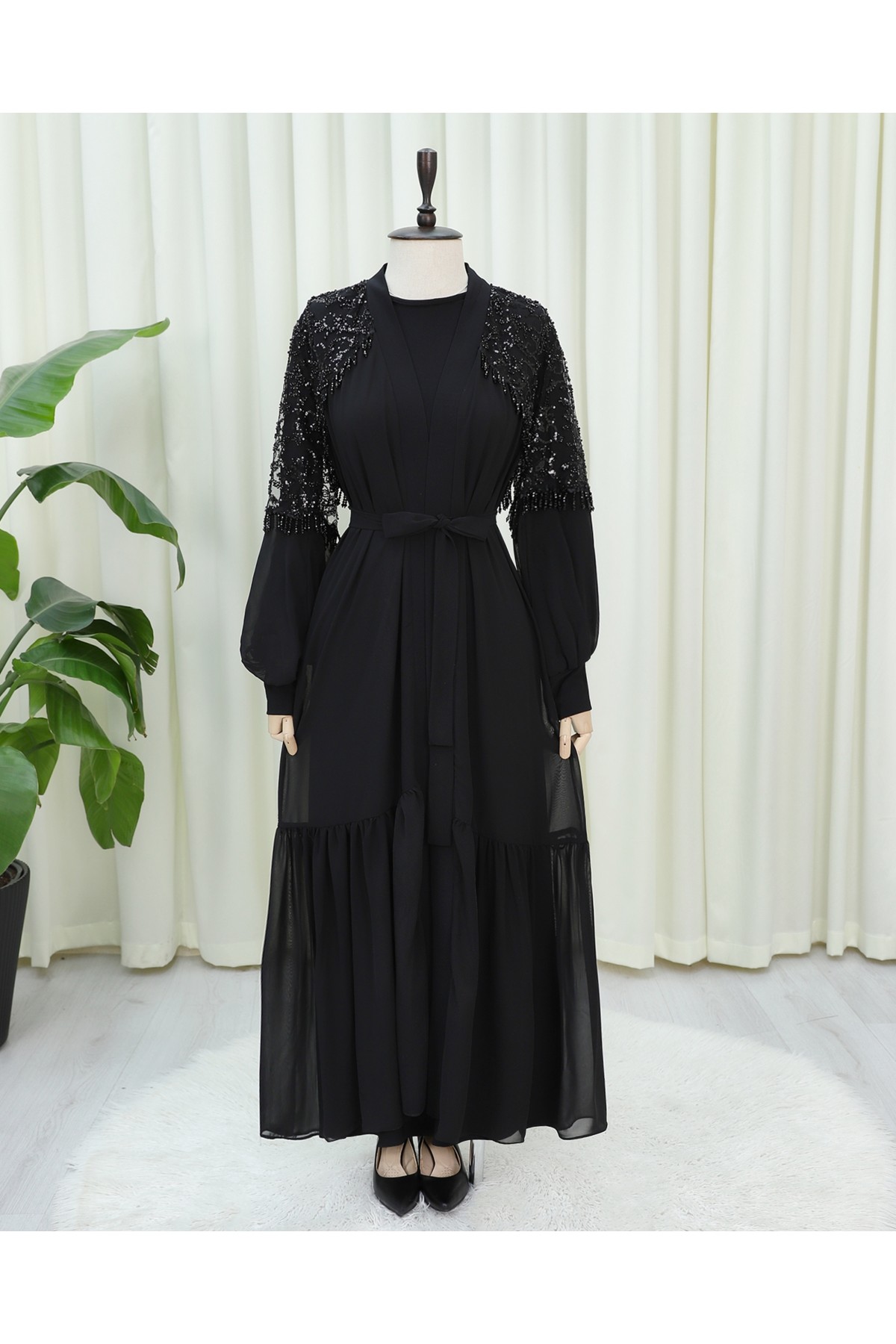 Kesme Boncuklu Kemerli İkili Abaya Takım -Siyah