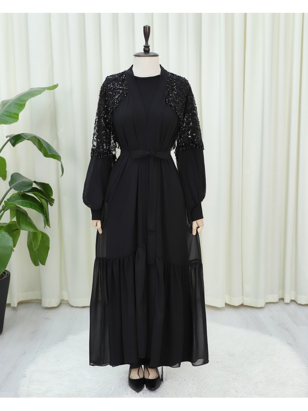 Kesme Boncuklu Kemerli İkili Abaya Takım -Siyah
