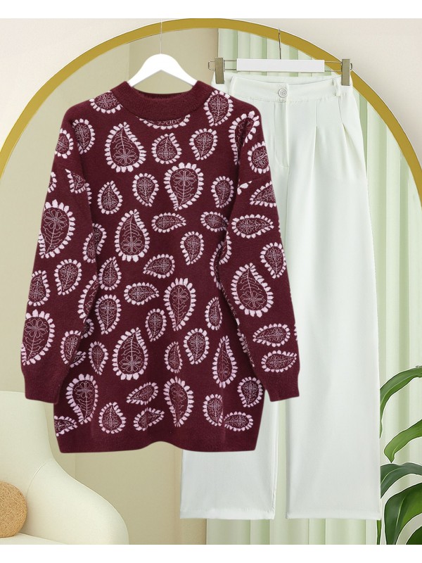 Dik Yaka Damla Desenli Sakallı Salaş Triko Kazak  -Pembe