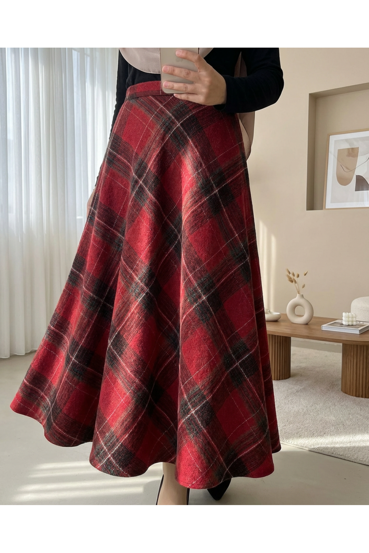 Ekose Desenli Yanı Fermuarlı  Kaşe Çan Etek -Bordo