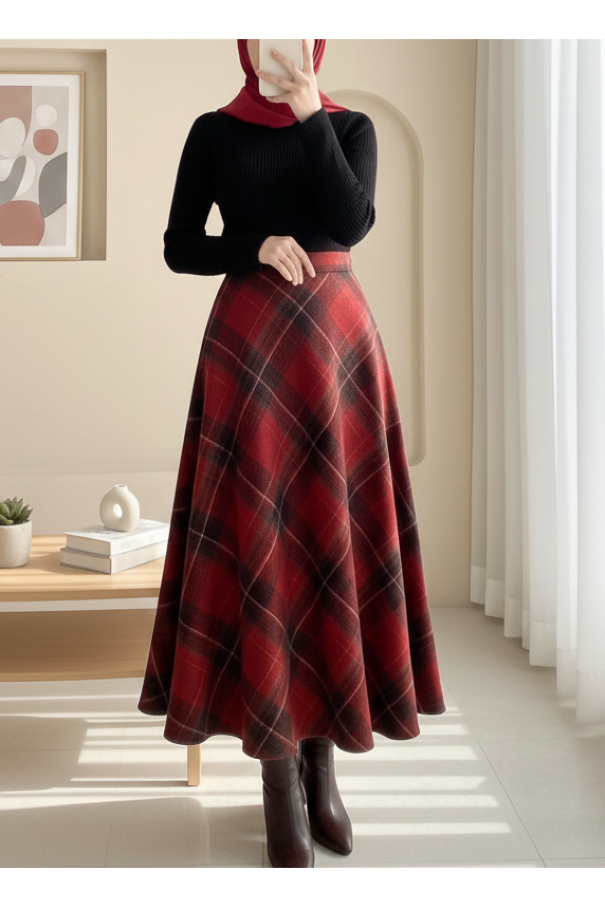 Ekose Desenli Yanı Fermuarlı  Kaşe Çan Etek -Bordo