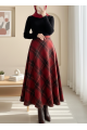 Ekose Desenli Yanı Fermuarlı  Kaşe Çan Etek -Bordo
