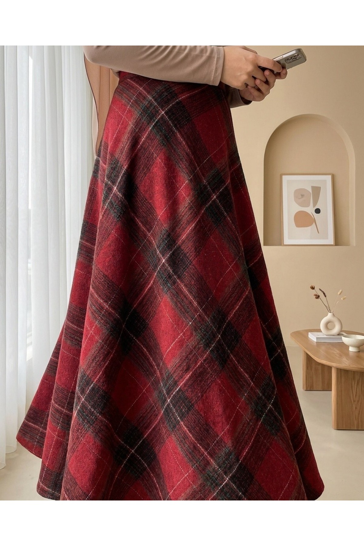 Ekose Desenli Yanı Fermuarlı  Kaşe Çan Etek -Bordo