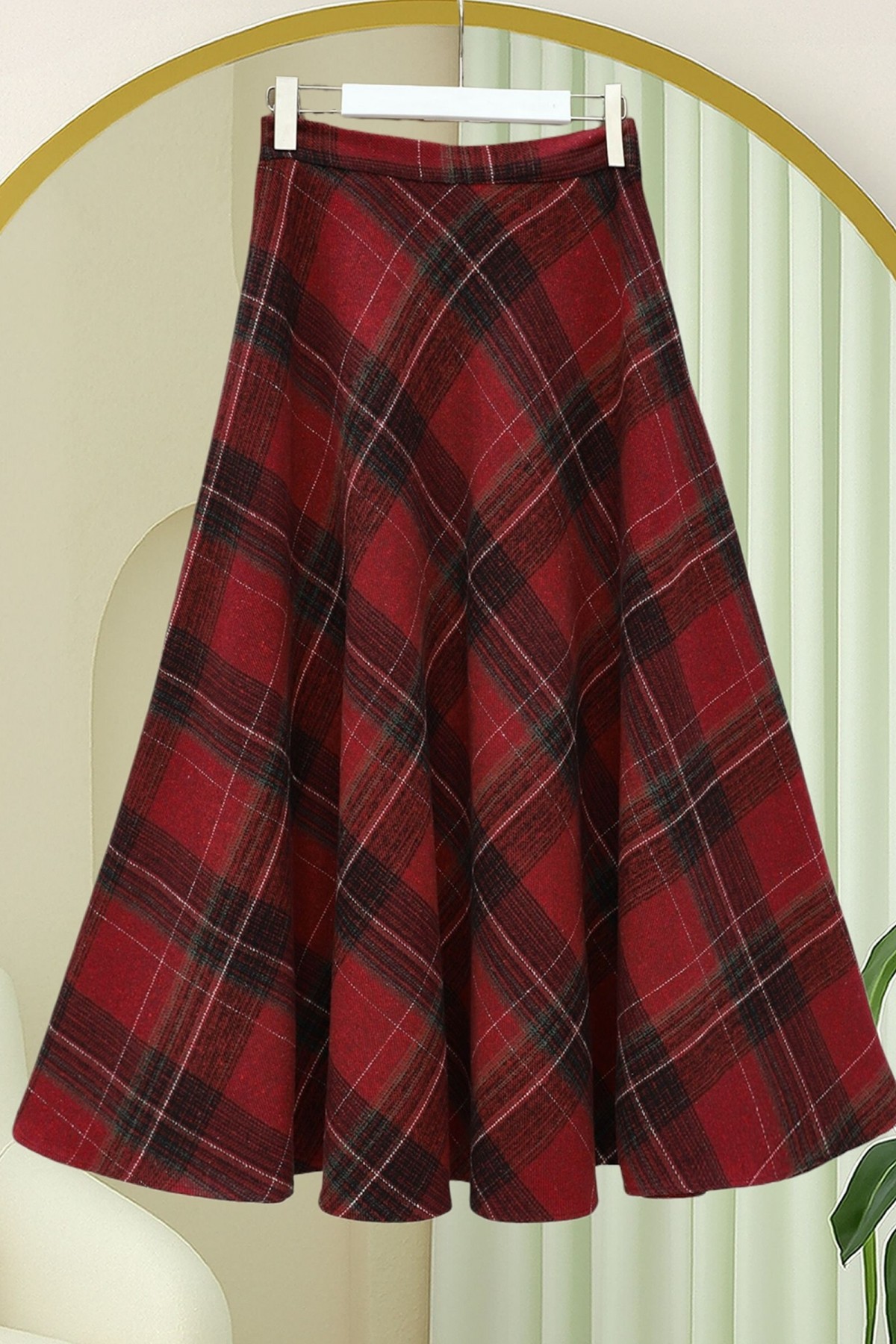 Ekose Desenli Yanı Fermuarlı  Kaşe Çan Etek -Bordo