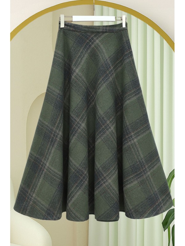 Ekose Desenli Yanı Fermuarlı  Kaşe Çan Etek -Haki