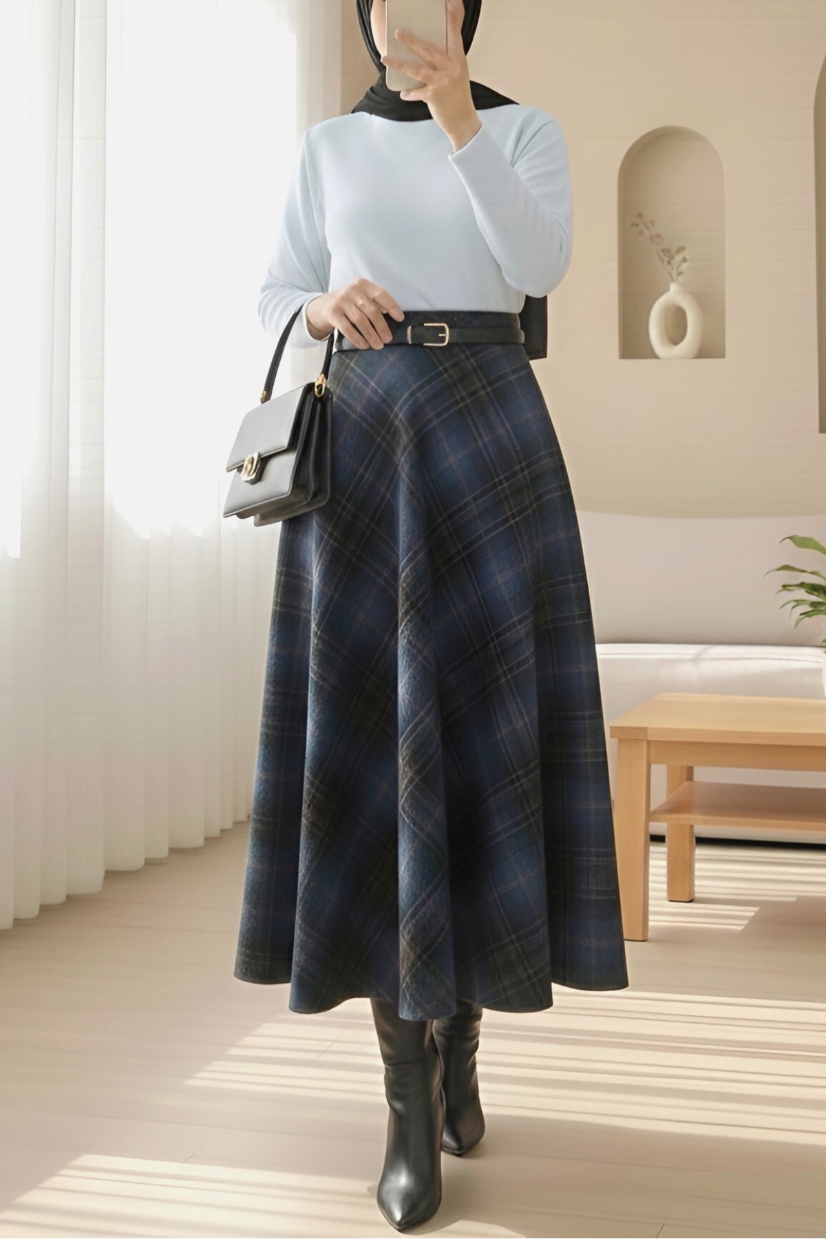 Ekose Desenli Yanı Fermuarlı  Kaşe Çan Etek -Laci