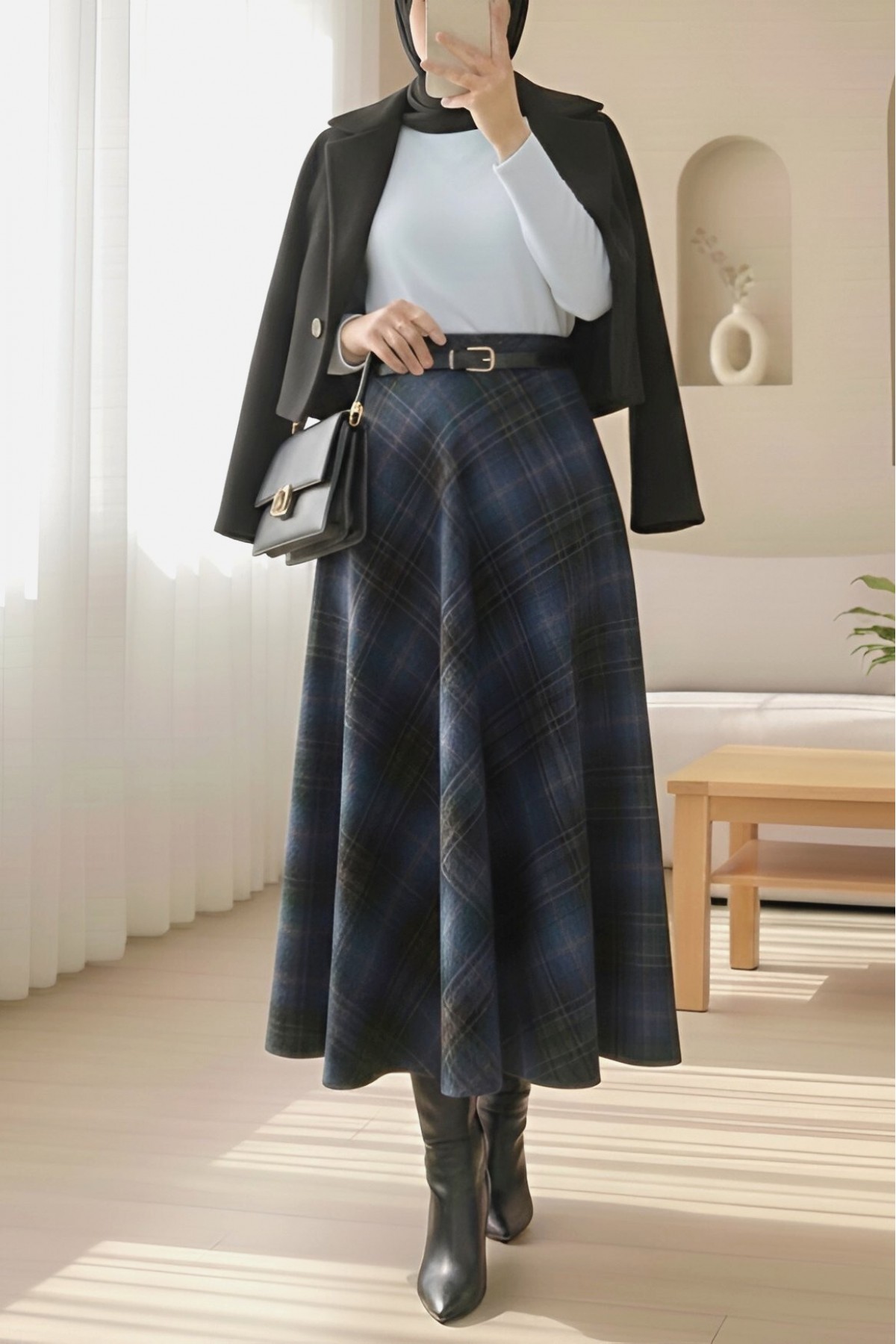 Ekose Desenli Yanı Fermuarlı  Kaşe Çan Etek -Laci