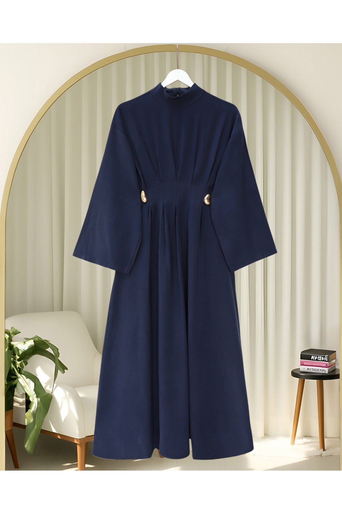 Pileli Beli Kemerli Toka Detaylı Modal Elbise -Laci