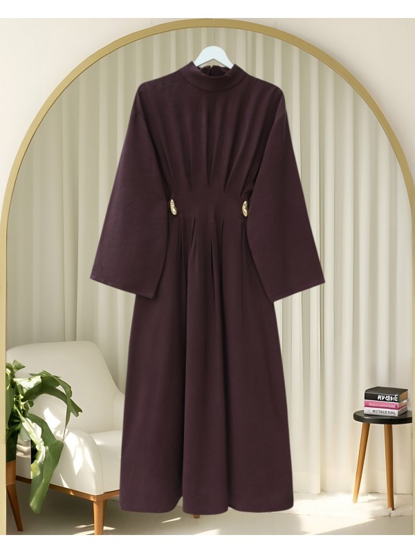 Pileli Beli Kemerli Toka Detaylı Modal Elbise -Mürdüm