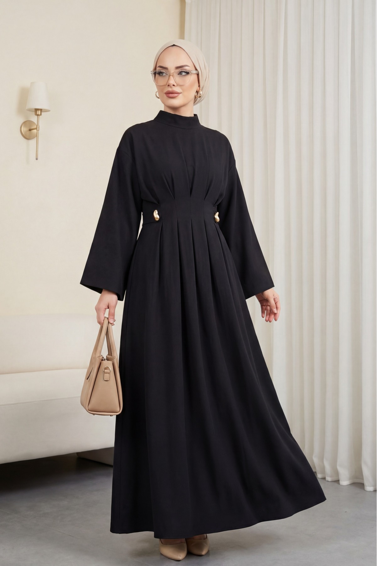 Pileli Beli Kemerli Toka Detaylı Modal Elbise -Siyah