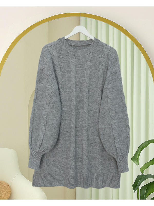 Saç Örgü Desen Yumoş Triko Kazak  -Gri