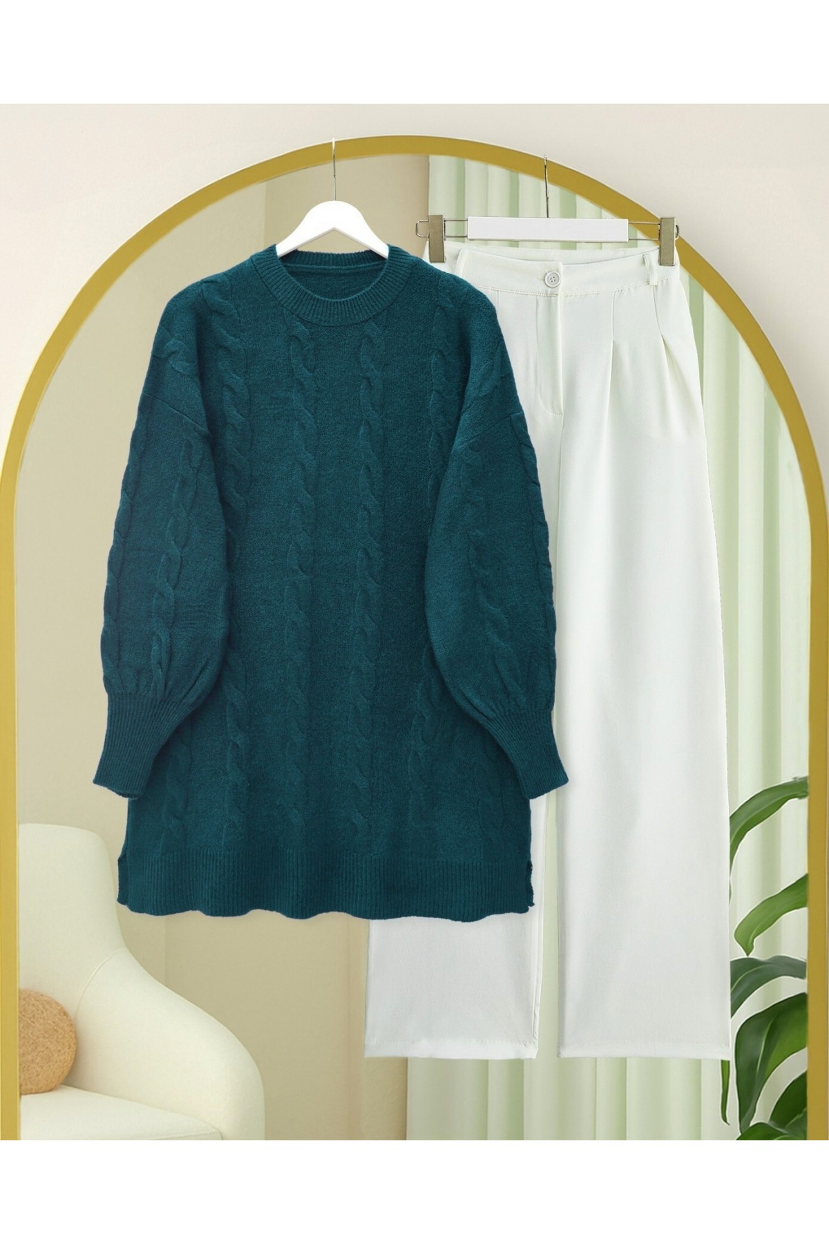 Saç Örgü Desen Yumoş Triko Kazak  -Zümrüt