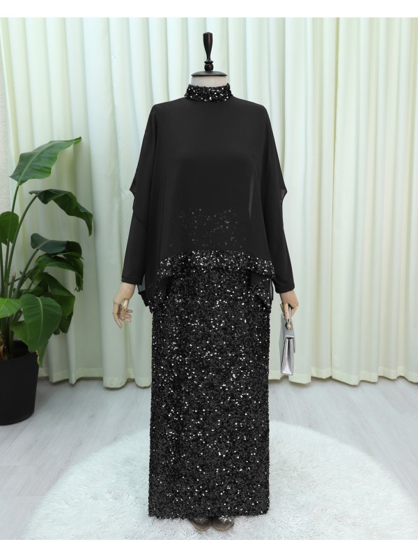 Yakası Ve Eteği Pulpayet Detaylı Pelerinli Elbise -Siyah