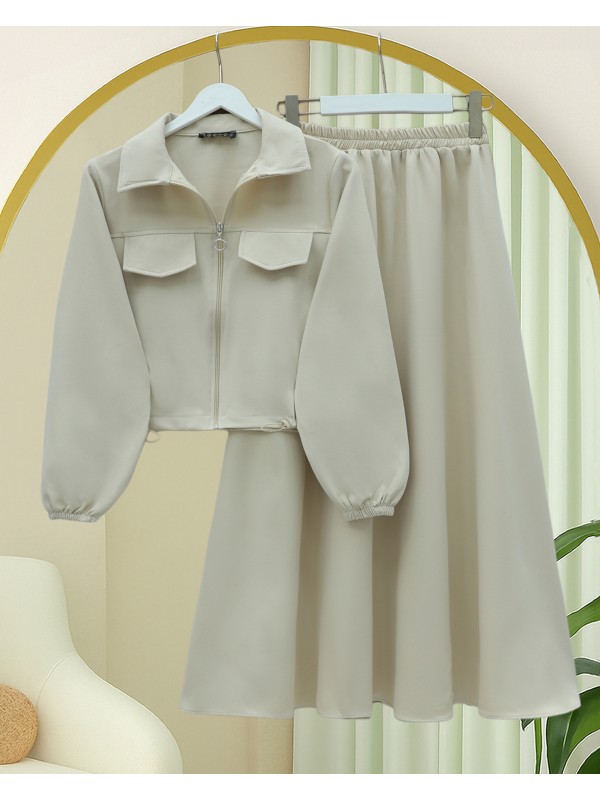 Önü Fermuarlı Beli Ve Kolu Lastikli Cep Detaylı Dabıl İkili Takım -Bej