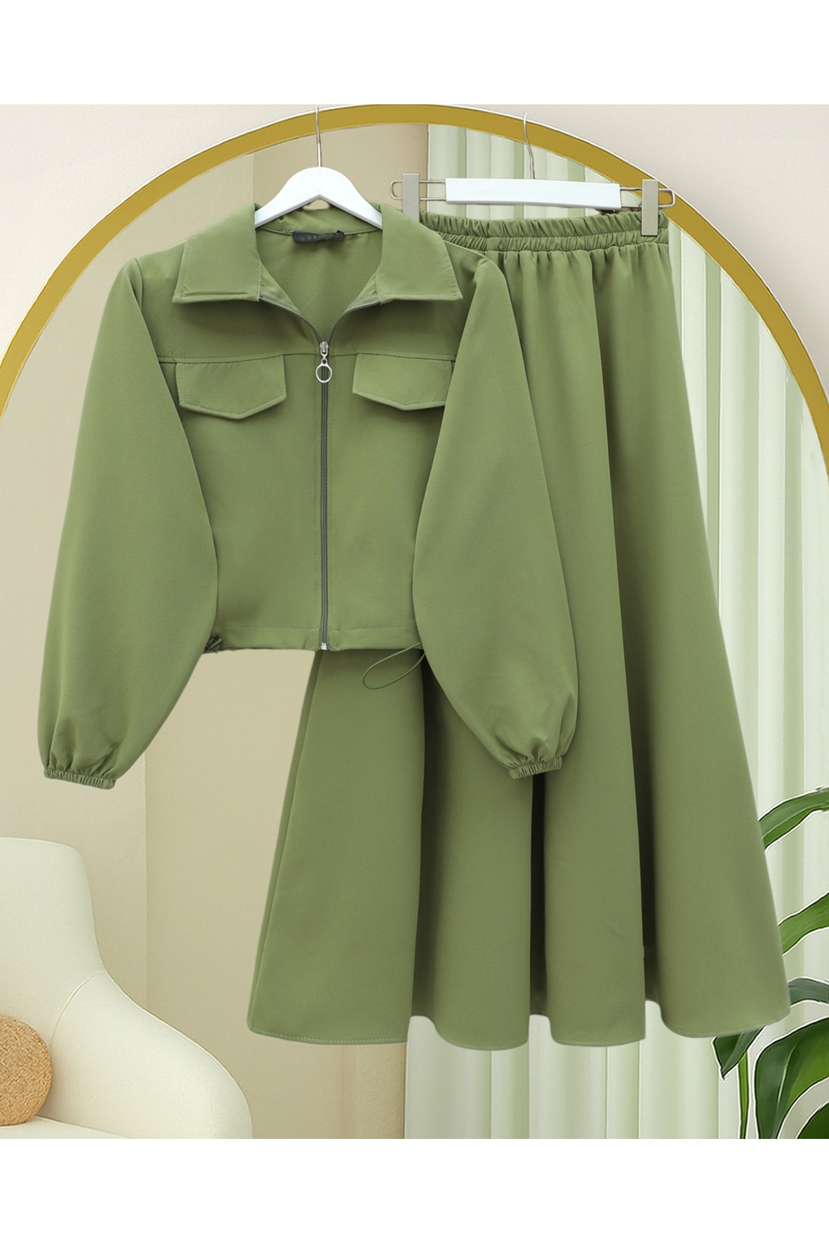 Önü Fermuarlı Beli Ve Kolu Lastikli Cep Detaylı Dabıl İkili Takım -Çağla Y.