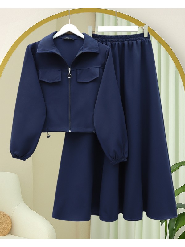 Önü Fermuarlı Beli Ve Kolu Lastikli Cep Detaylı Dabıl İkili Takım -Laci