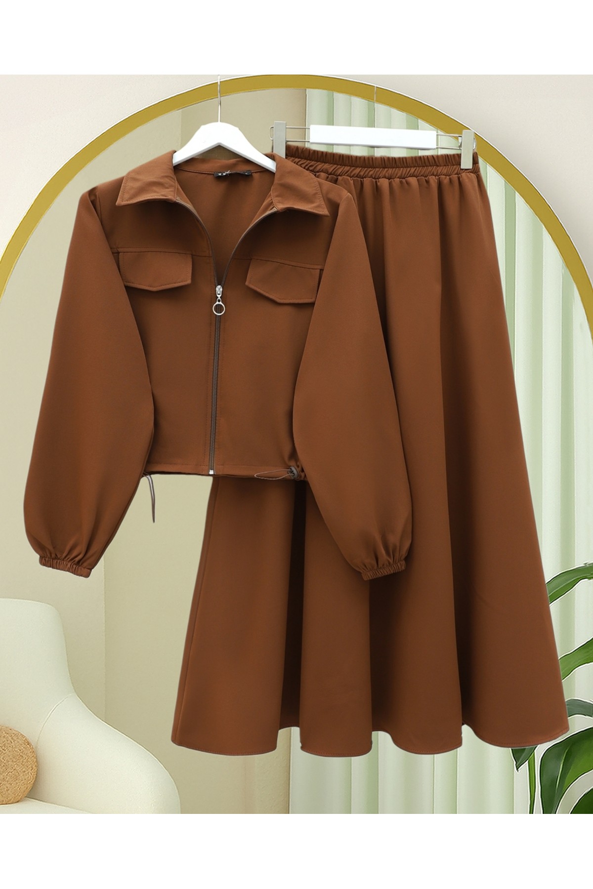 Önü Fermuarlı Beli Ve Kolu Lastikli Cep Detaylı Dabıl İkili Takım -Taba