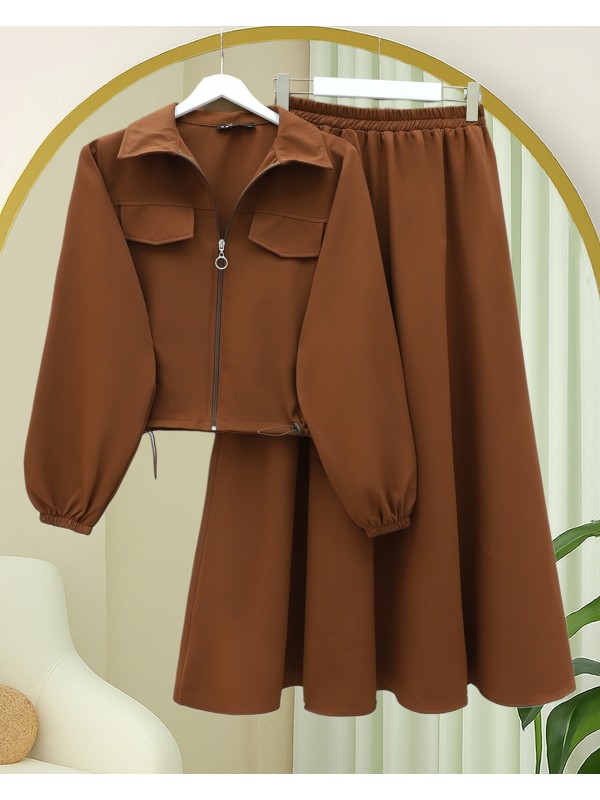 Önü Fermuarlı Beli Ve Kolu Lastikli Cep Detaylı Dabıl İkili Takım -Taba