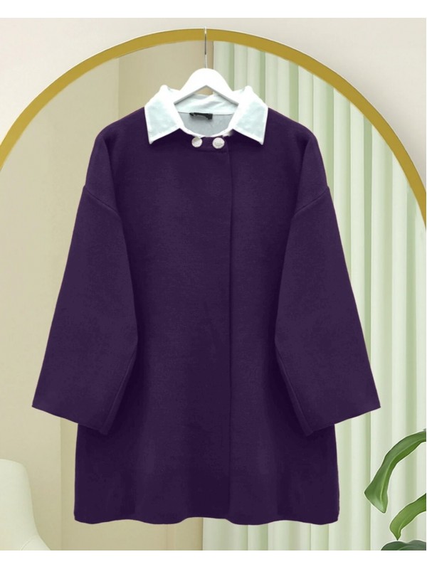 Çift Düğmeli Salaş Triko Panço     -Mor