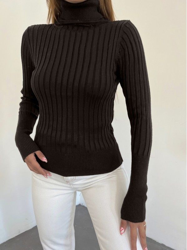 Balıkçı Yaka Fitilli Triko Kazak       -K. Kahve