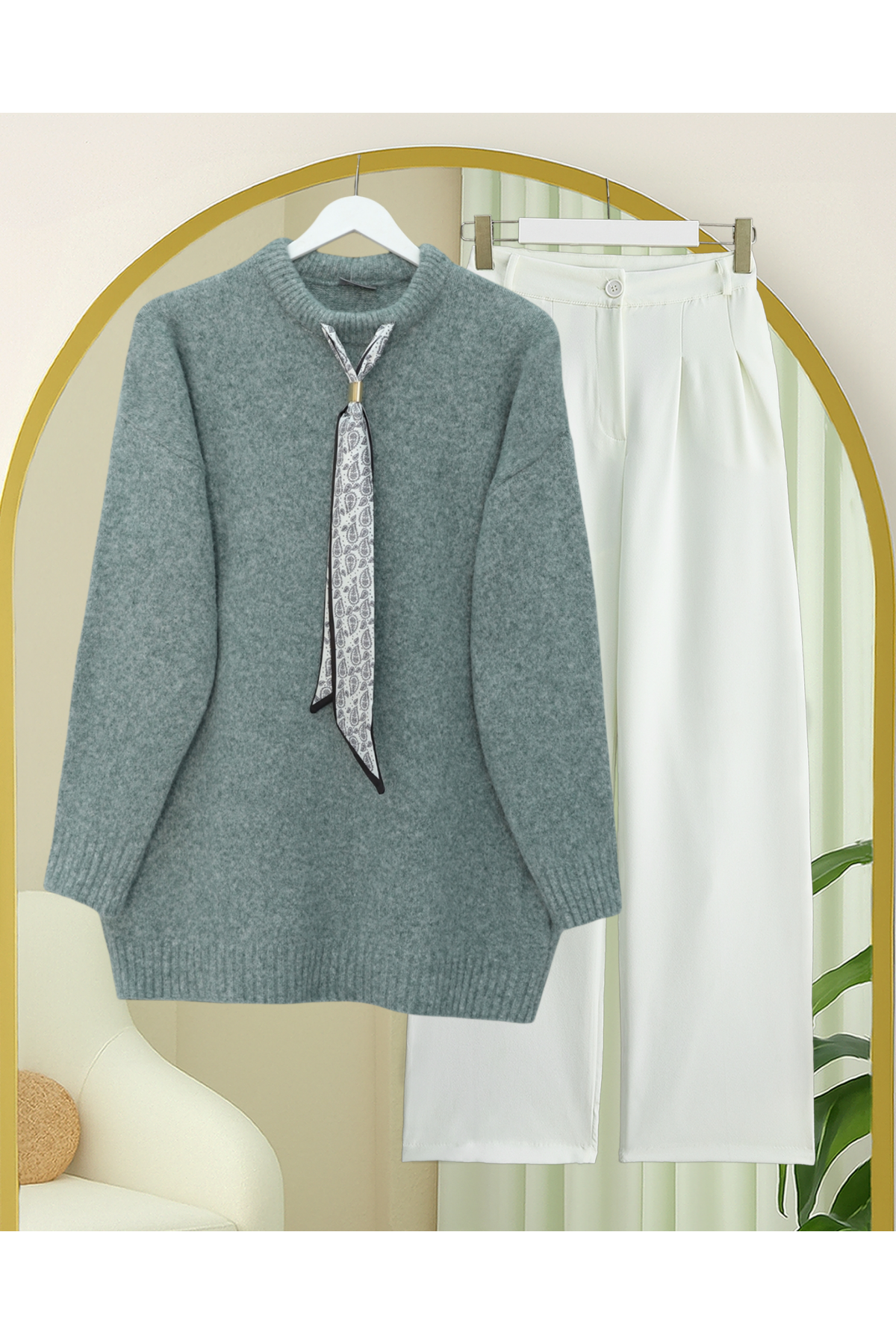 Fularlı Yumoş Triko Kazak    -Su Yeşili