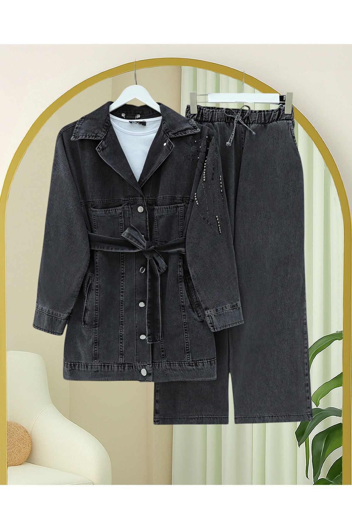 Cepli Önü Düğmeli Beli Kemerli Taşlı Kot Takım -Antrasit