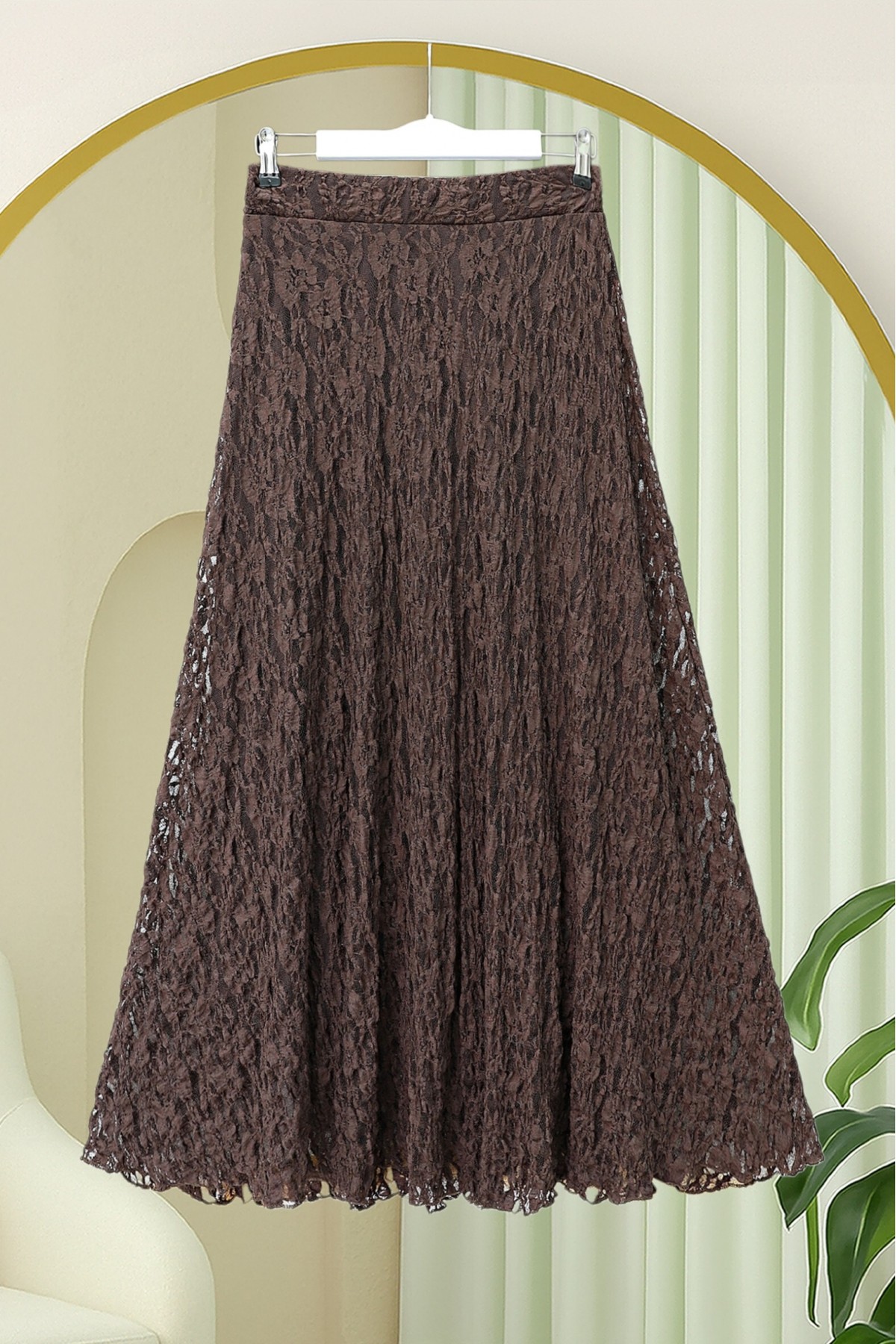 Desenli Astarlı Güpür Dantel Etek -Kahve