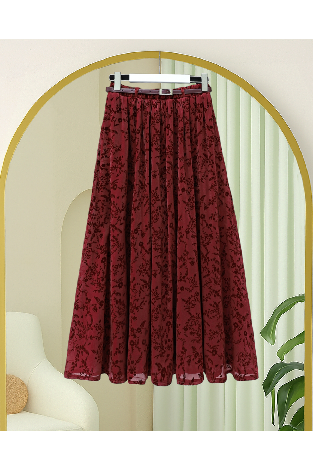 Astarlı Kemerli Kabartma Desenli Organze Etek -Bordo