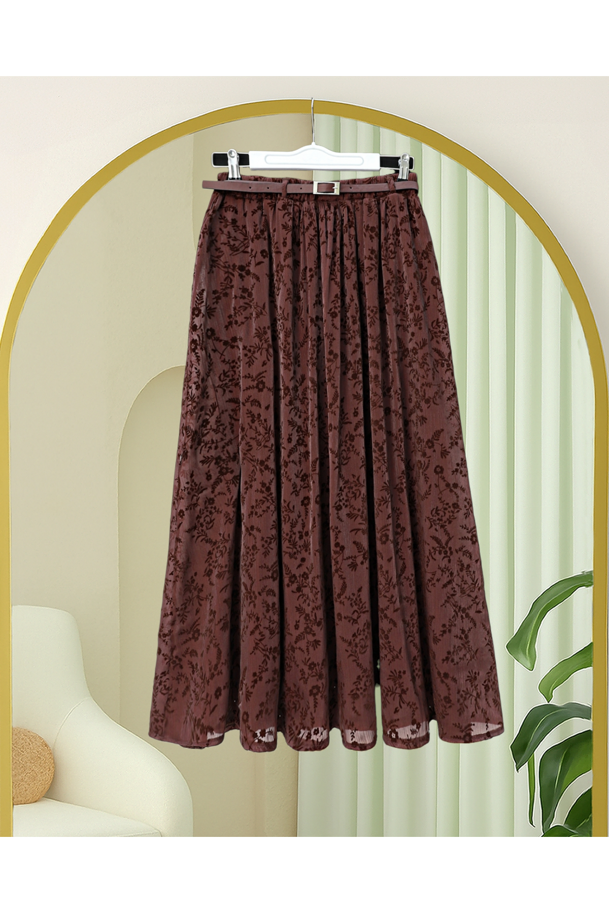 Astarlı Kemerli Kabartma Desenli Organze Etek -K. Bordo