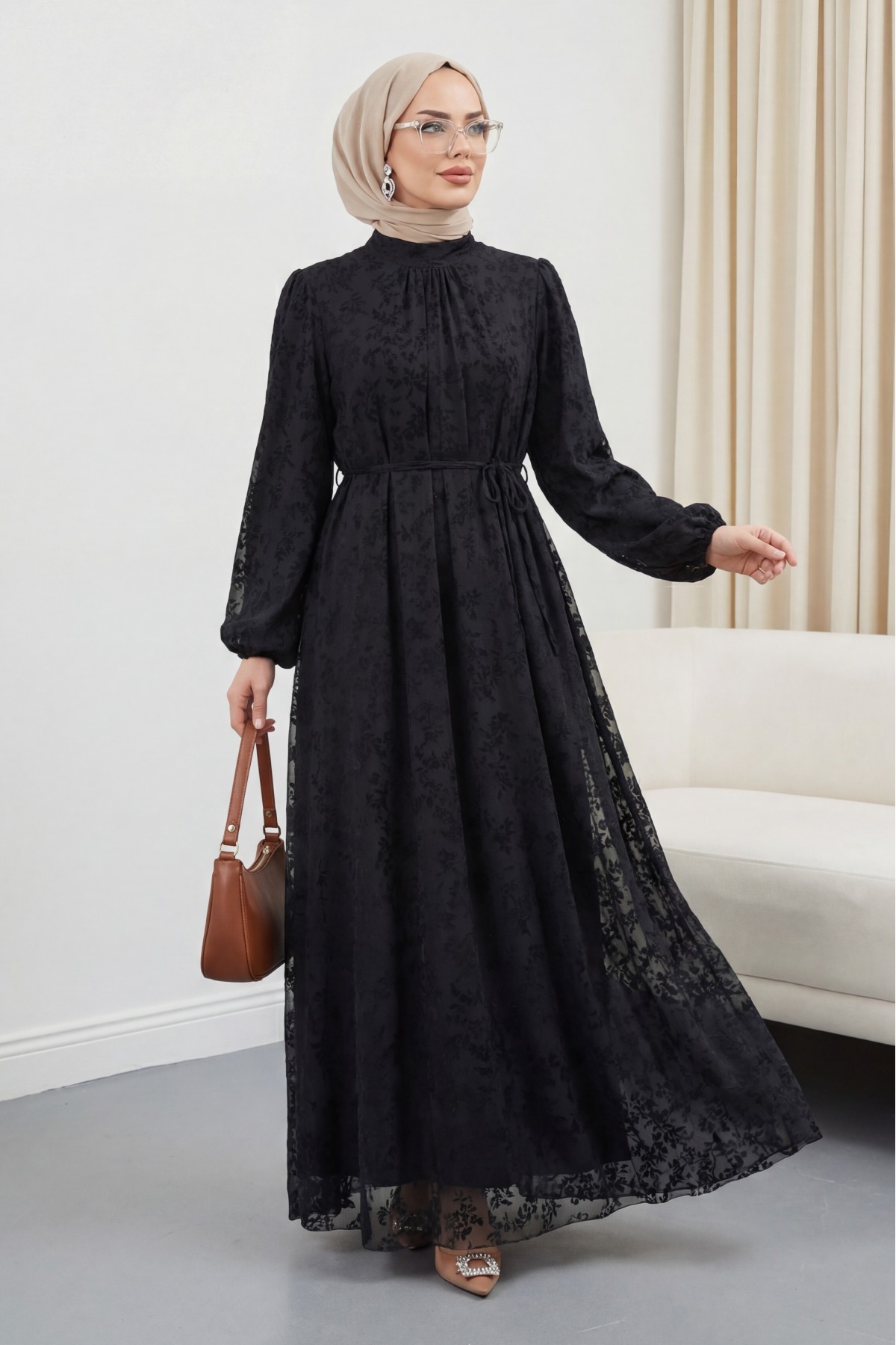 Dik Yaka Beli Bağcıklı Kolu Lastikli Astarlı Flog Baskılı Elbise -Siyah